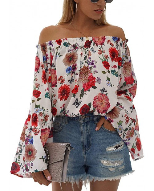 BMJL Women's Long Sleeve Hawaiian Shirts Cute Off The Shoulder Tops Loose Floral Blouse TeesM Multi at Women’s Clothing store