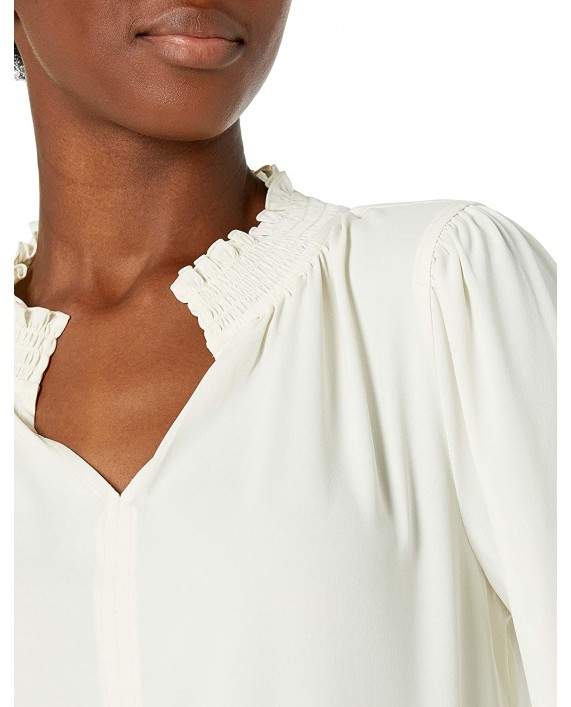 Brand - Lark & Ro Women's Crepe de Chine Long Sleeve Split Mock Neck Top with Smocked Detail