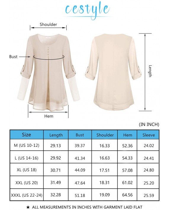 Cestyle Women's Roll-up Long Sleeve Round Neck Layered Chiffon Flowy Blouse Top at Women’s Clothing store
