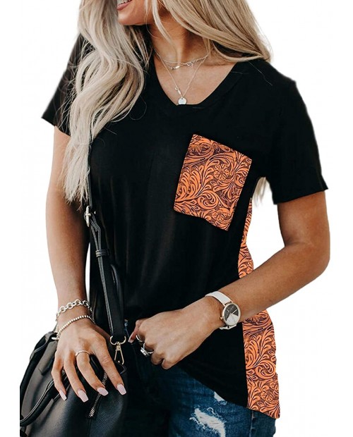 Chase Secret Women’s Crew Neck Leopard Color Block Short Top Casual Loose Blouse Shirts with Pocket at Women’s Clothing store
