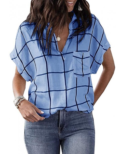 Chuanqi Womens Summer Shirt V Neck Collared Casual Plaid Cuffed Sleeve Blouse Tops with Pockets at Women’s Clothing store