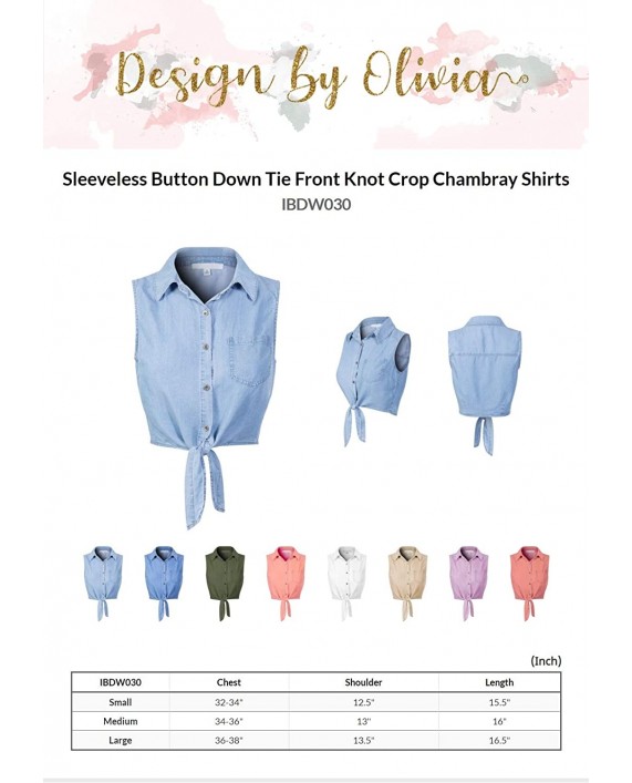 Design by Olivia Women's Sleeveless Button Down Tie Front Knot Crop Chambray Shirts