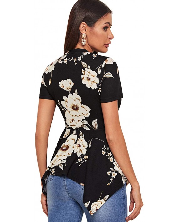 DIDK Women's Peplum Blouse Floral Print Asymmetrical Hem Fitted Tops at Women’s Clothing store