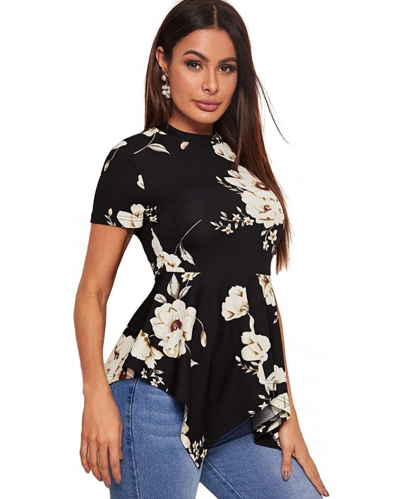 DIDK Women's Peplum Blouse Floral Print Asymmetrical Hem Fitted Tops at Women’s Clothing store
