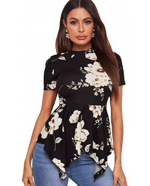 DIDK Women's Peplum Blouse Floral Print Asymmetrical Hem Fitted Tops at  Women’s Clothing store