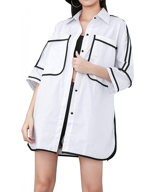 ellazhu Women's Turn Down Collar 3 4 Sleeve Button Down Pocket Casual White Shirt GY1812 at Women’s Clothing store