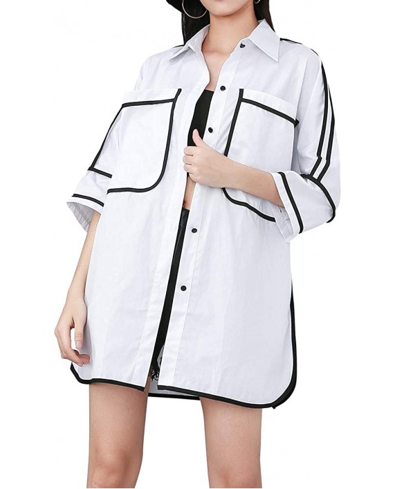 ellazhu Women's Turn Down Collar 3 4 Sleeve Button Down Pocket Casual White Shirt GY1812 at Women’s Clothing store