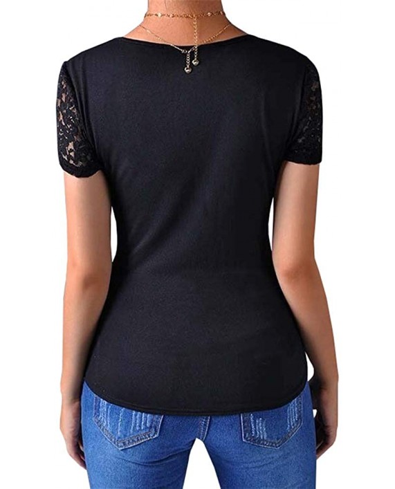 Esobo Womens Sexy Lace Low Cut V Neck Criss Cross Front Short Sleeve Shirts