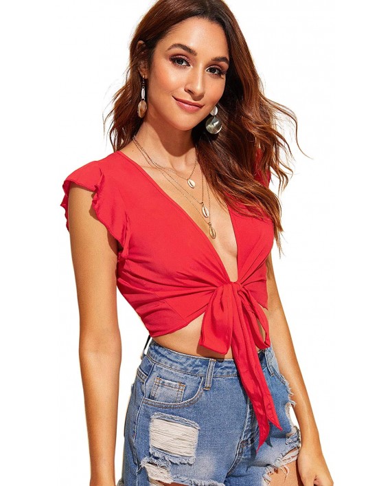Floerns Women's Summer Deep V Neck Knot Front Crop Top at Women’s Clothing store
