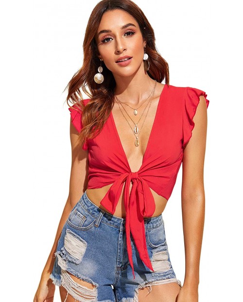 Floerns Women's Summer Deep V Neck Knot Front Crop Top at  Women’s Clothing store