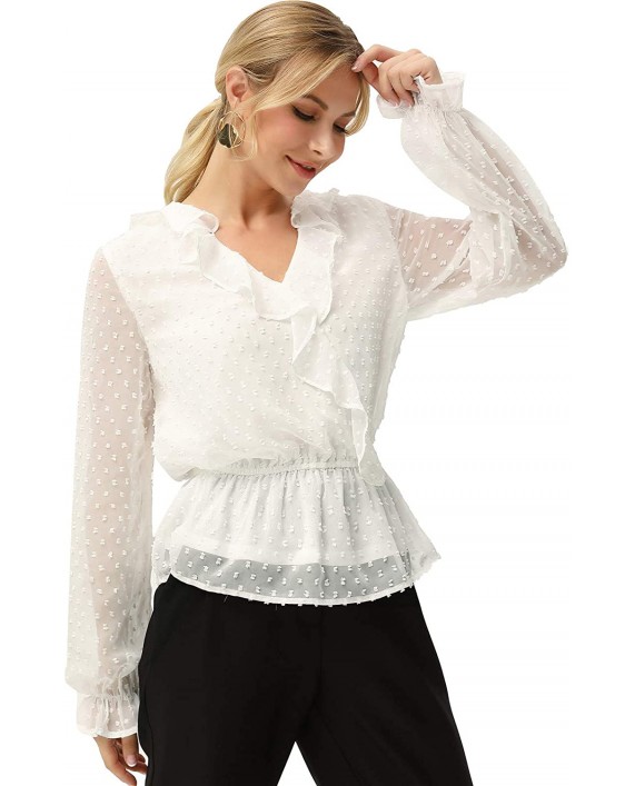 GRACE KARIN Women's Long Sleeve V Neck Ruffle Blouse Swiss Dot Chiffon Peplum Wrap Tops Shirts at Women’s Clothing store