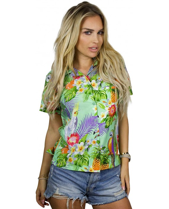 Hawaiian Blouse Shirt for Women Funky Casual Button Down Very Loud Shortsleeve Parrot Cockatoo at Women’s Clothing store