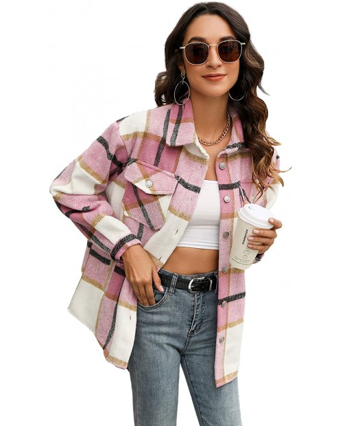 Himosyber Womens Casual Brushed Plaid Lapel Button Down Shacket Shirt Coat Jacket