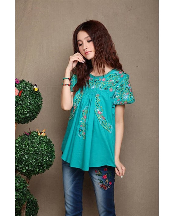 Kafeimali Women's Peasant Tops Mexican Blouse Colorful Flowers Embroidered Boho T Shirt Light Blue at Women’s Clothing store
