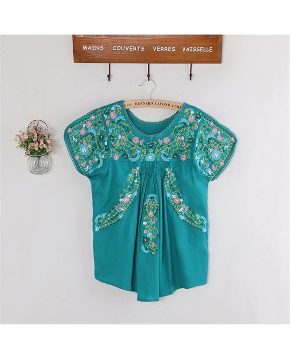 Kafeimali Women's Peasant Tops Mexican Blouse Colorful Flowers Embroidered Boho T Shirt Light Blue at Women’s Clothing store