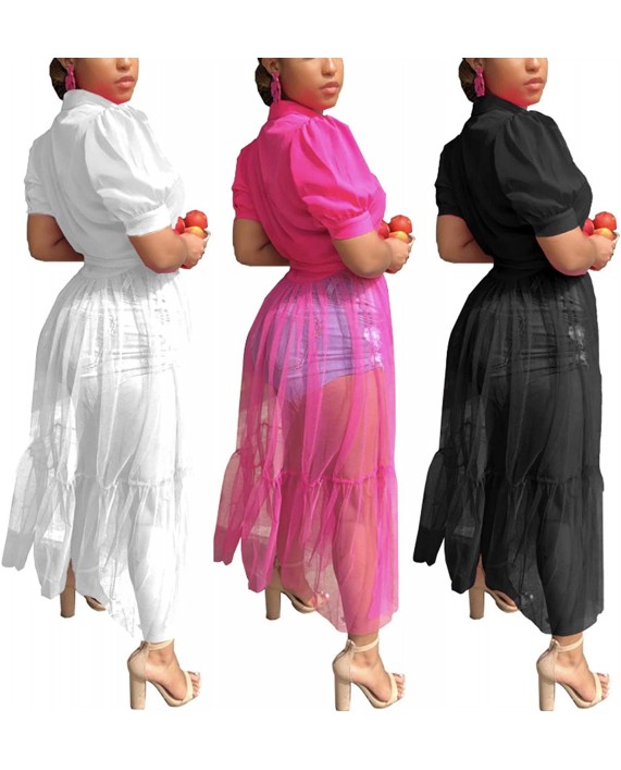 Kafiloe Women Short Sleeve Blouses Button Down Shirts Dress See Through Sheer Mesh Maxi Dress with Belt