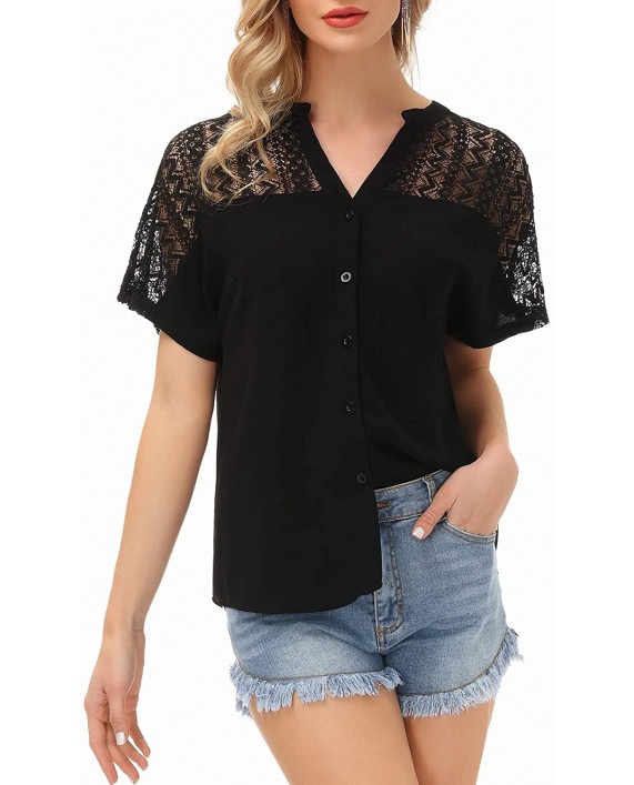 KANCY KOLE Women's Lace Blouse V Neck Short Sleeve Button Down Blouses Casual Chiffon Shirts at Women’s Clothing store