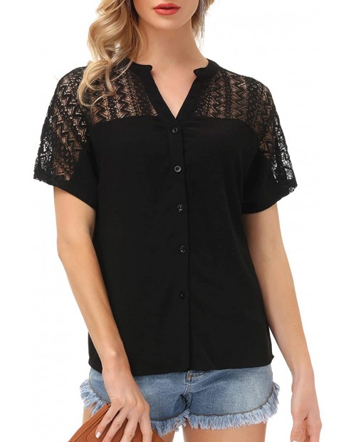 KANCY KOLE Women's Lace Blouse V Neck Short Sleeve Button Down Blouses Casual Chiffon Shirts at  Women’s Clothing store