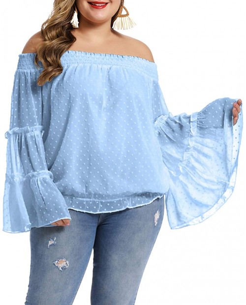LALAGEN Womens Plus Size Chiffon Off Shoulder Bell Sleeve Loose Shirt Blouse Top at  Women’s Clothing store