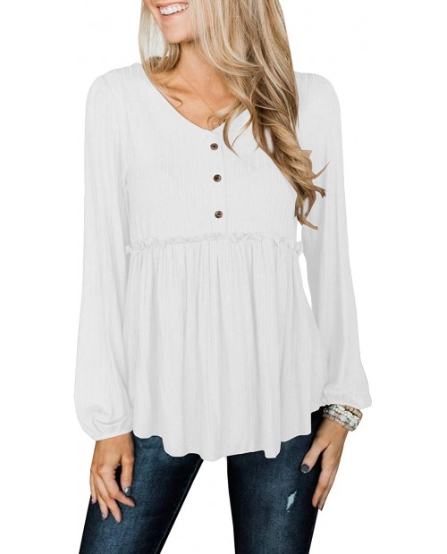 Laseily Women’s V Neck Button Down Babydoll Tunic Tops Lantern Sleeve Ruffle Pleated Swing Blouse Shirts at  Women’s Clothing store