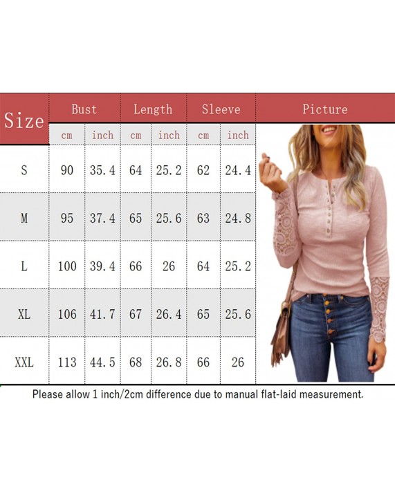 Limerose Women's Long Sleeve Lace Trim Tunic Tops Button Down Casual Blouse Cute Crew Neck Ribbed Shirt at Women’s Clothing store