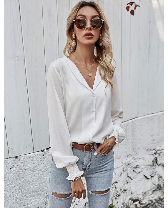 LOMON Womens Casual Tops V Neck Long Sleeve Button Down Shirt Chiffon Blouse at Women’s Clothing store
