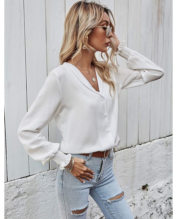 LOMON Womens Casual Tops V Neck Long Sleeve Button Down Shirt Chiffon Blouse at Women’s Clothing store