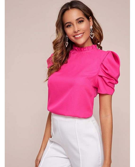 Milumia Women Mock Neck Puff Sleeve Chiffon Blouse Frilled Work Office Solid Top at Women’s Clothing store