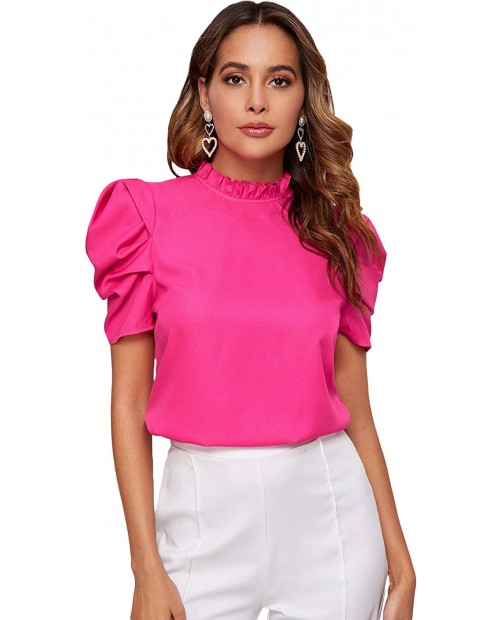 Milumia Women Mock Neck Puff Sleeve Chiffon Blouse Frilled Work Office Solid Top at  Women’s Clothing store
