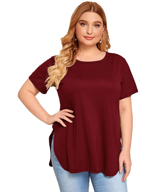 Milumia Women's Plus Size Split Hem Round Neck Short Sleeve Solid Casual Blouse Top at  Women’s Clothing store