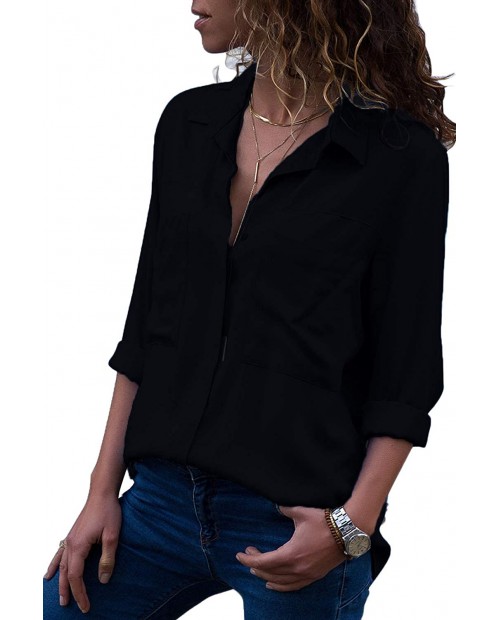 MISSLOOK Women’s Button Down Shirts Roll-up Sleeve Blouse V Neck Casual Tunics Solid Color Tops with Pockets at Women’s Clothing store