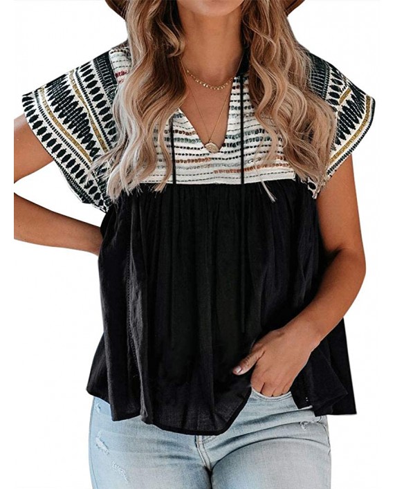 MYMORE Women's Tribal Graphic Printed Babydoll Top Tie V Neck Short Sleeve Boho Peplum Blouse Shirts at Women’s Clothing store