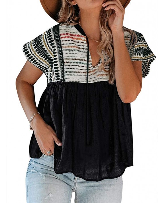 MYMORE Women's Tribal Graphic Printed Babydoll Top Tie V Neck Short Sleeve Boho Peplum Blouse Shirts at Women’s Clothing store