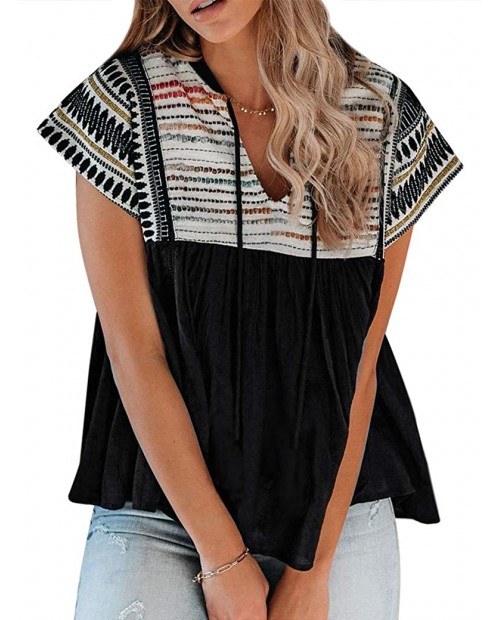 MYMORE Women's Tribal Graphic Printed Babydoll Top Tie V Neck Short Sleeve Boho Peplum Blouse Shirts at  Women’s Clothing store