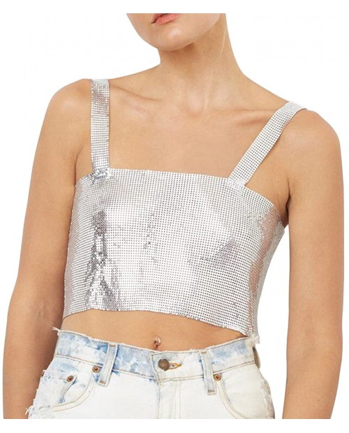 Naimo Women Sexy Shiny Chain Metal Sequin Blouse Vest Crop Top Sleeveless T-Shirt Silver at Women’s Clothing store