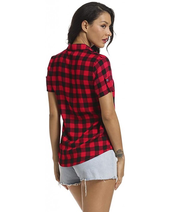 OCHENTA Women's Short Sleeve Button Down Plaid Shirt at Women’s Clothing store