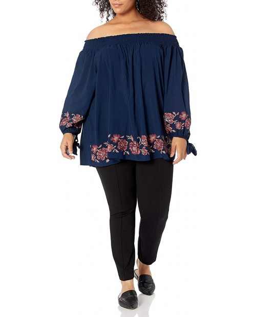 OneWorld Women's Plus-Size 3 4 Sleeve Off The Shoulder Woven Top Windswept Tapestry Capri 3X at Women’s Clothing store