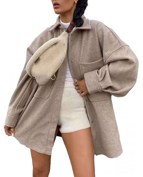 Qiaomai Womens Casual Wool Blend Lapel Snap Button Pocketed Midi Solid Shacket Coat