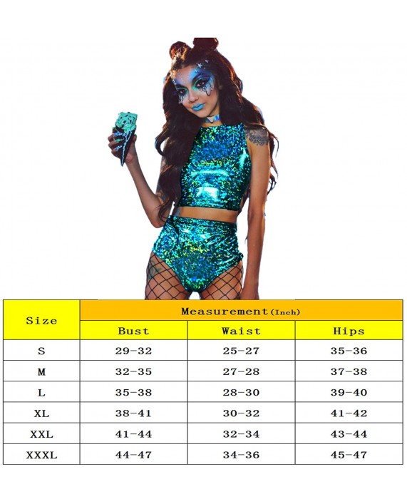 RARITYUS Women Rave Holographic Bodysuit Mini Two Piece Hologram Metallic Silver for Dance Party Clubwear EDM Festival
