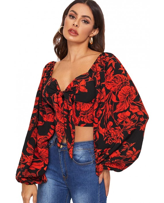 Romwe Women's Floral Print Lantern Long Sleeve Sweetheart Tie Knot Front Shirred Crop Blouse Tops at Women’s Clothing store