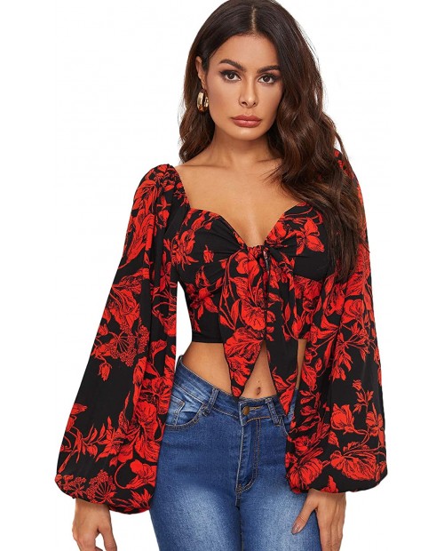 Romwe Women's Floral Print Lantern Long Sleeve Sweetheart Tie Knot Front Shirred Crop Blouse Tops at Women’s Clothing store