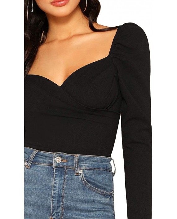 Romwe Women's Sweethheat Neck Puff Long Sleeve Zipper Back Elegant Slim Fit Blouse at Women’s Clothing store