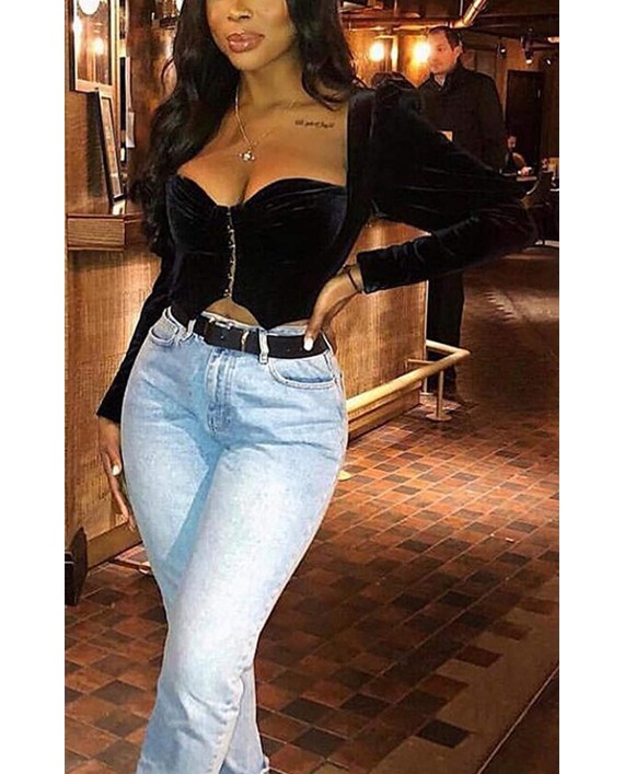 Rozegaga Womens Sexy Velvet Square Neck Puff Long Sleeve Corset Crop Top Shirts at Women’s Clothing store