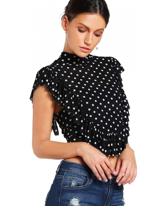 SheIn Women's Mock Neck Ruffle Sleeve Crop Tops Polka Dots Tie Back Blouse T Shirt at Women’s Clothing store
