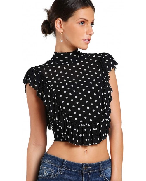 SheIn Women's Mock Neck Ruffle Sleeve Crop Tops Polka Dots Tie Back Blouse T Shirt at  Women’s Clothing store