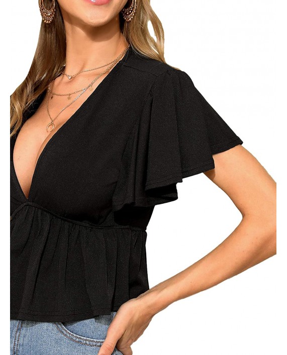 SheIn Women's Plunging V Neck Short Sleeve Ruffle Hem Peplum Top Blouse at Women’s Clothing store