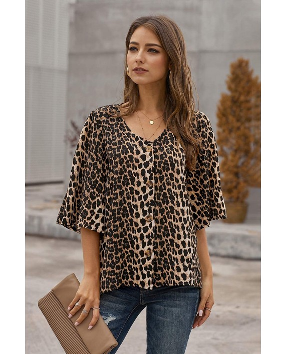Sidefeel Women Printed V Neck Lantern Sleeve Blouse Button Down Shirt Tops at Women’s Clothing store