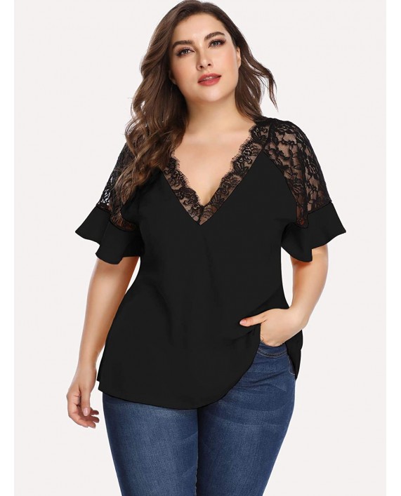 SOLY HUX Women's Plus Size V Neck Lace Trim Short Sleeve Top Blouse at Women’s Clothing store