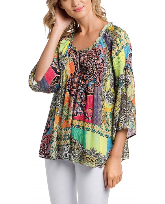 Spense Womens Apparel V-Neck Smock Pleated Printed Blouse - 3 4 Flowy Sleeves at Women’s Clothing store