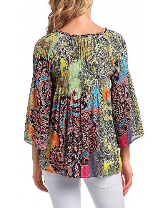 Spense Womens Apparel V-Neck Smock Pleated Printed Blouse - 3 4 Flowy Sleeves at Women’s Clothing store